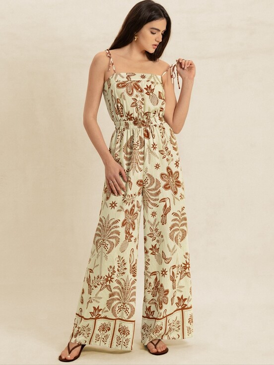 Lovely Rosetta Pants - Women's Cream & Brown Printed Wide-Leg Jumpsuit